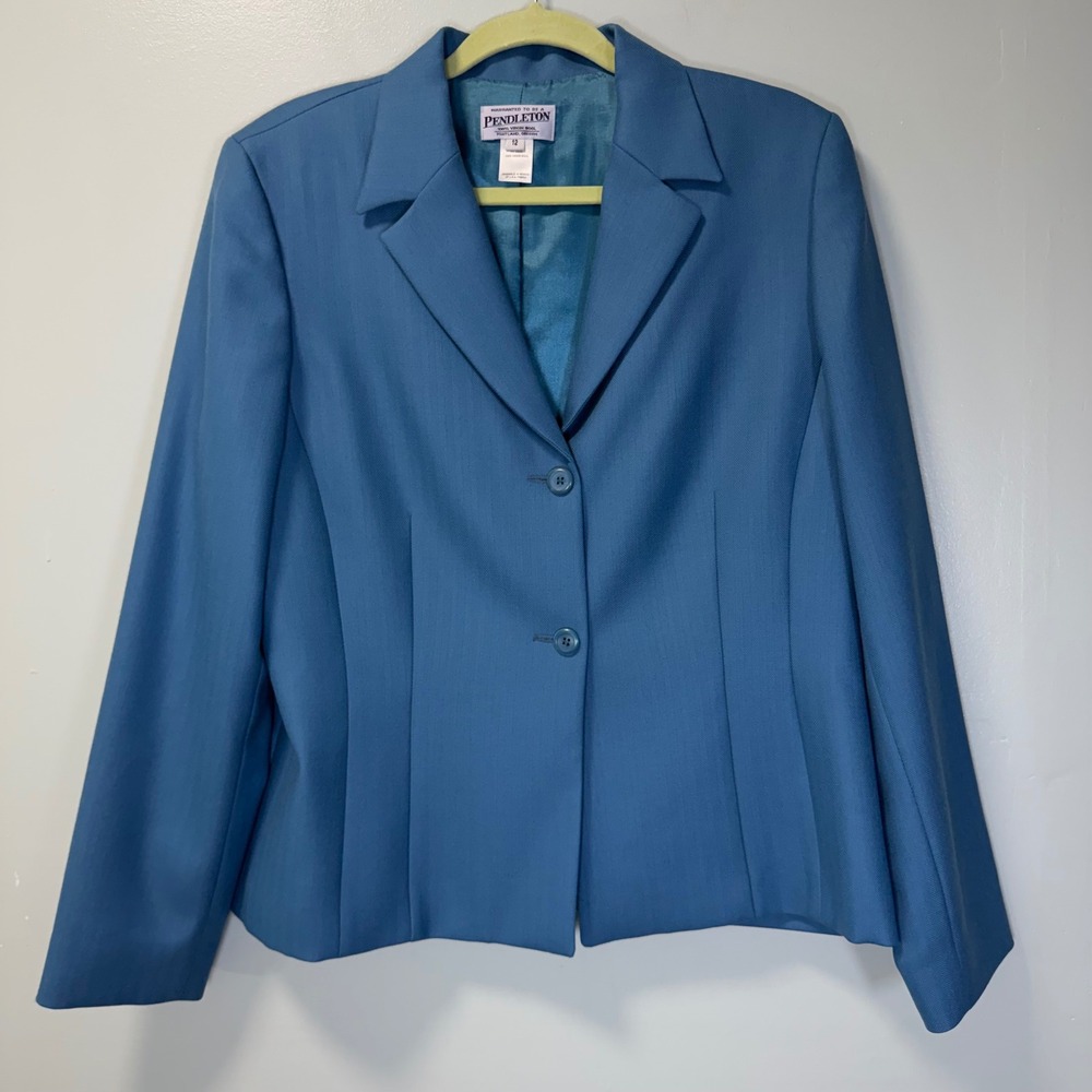Pendleton Womens Blue 100% Virgin Wool Herringbone 2-Button Blazer Jacket Sz 12